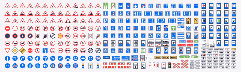 Traffic signs. International road signs set isolated on white background. Priority, warning, prohibition, mandatory, information, service and supplementary signs. Vector illustration. All main signs.