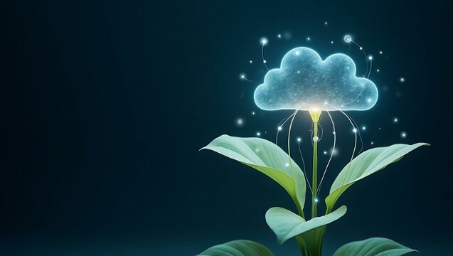 A surreal plant with a glowing cloud above it, symbolizing growth and innovation in a digital age.