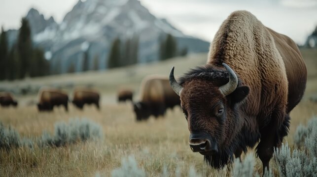 A close-up photograph of a bison grazing in the picturesque wilderness, showcasing the beauty of wildlife and nature in its natural habitat amid stunning mountainous backdrops.