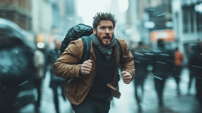 A man runs through a bustling city street, capturing the urgency and intensity of urban life while conveying themes of movement, determination, and human experience in a modern landscape.