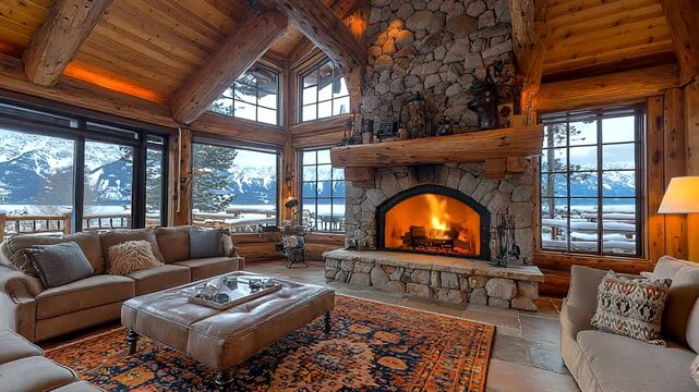 Rustic log cabin living room with fireplace and mountain views