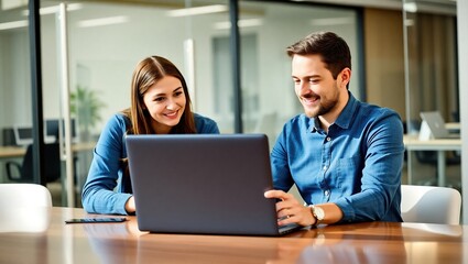 Obraz premium Smiling coworkers collaborating on laptop in modern office