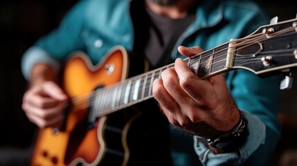 Obraz premium A musician passionately plays an acoustic guitar, highlighting the intricate details of their fingers on the strings, conveying the emotional connection through music.