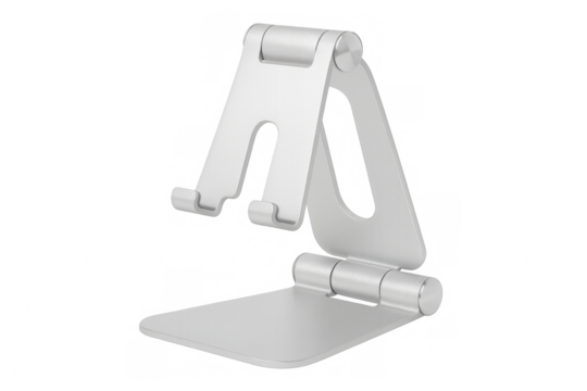 Foldable metallic phone or tablet stand on transparent background