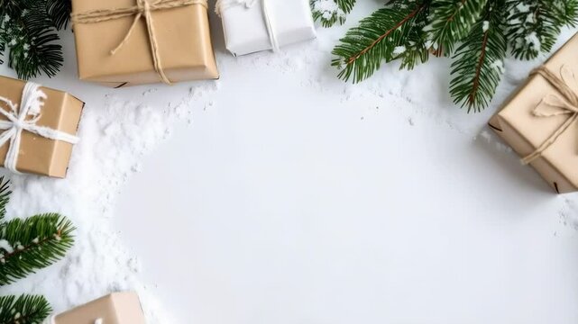 Festive winter frame with wrapped presents, pine branches, and scattered snow creating a blank white space.