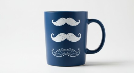 Blue mug with mustache design for fun gifts and men's accessories, copy space