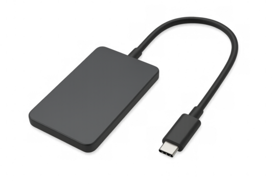 External hard drive connecting to usb-c cable on transparent background
