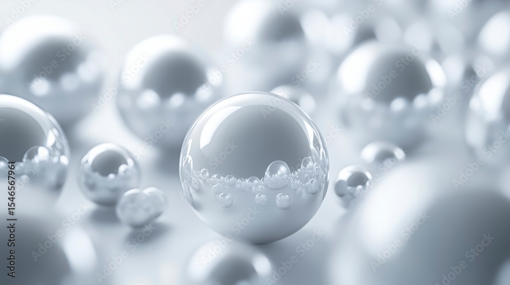 Poster close-up of many shiny, reflective spheres in varying sizes on a light grey surface.