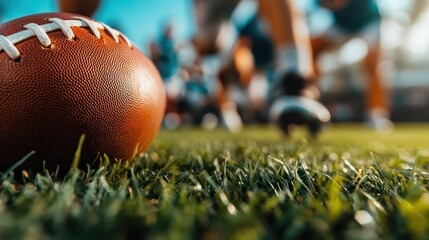 This action-packed image features a football resting on the grass with players in motion, highlighting the thrill and energy of the game in a vibrant sports environment.