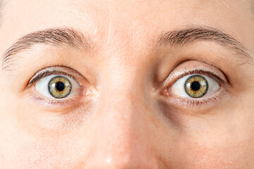 Scared human eyes close up. Face without makeup