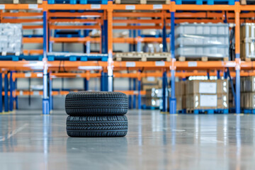Naklejka premium New tire is placed on the tire storage rack on warehouse 