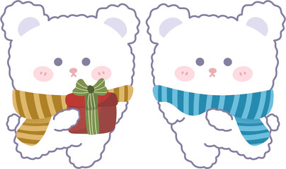 Cartoon Bears Wearing Scarves and Holding Gift