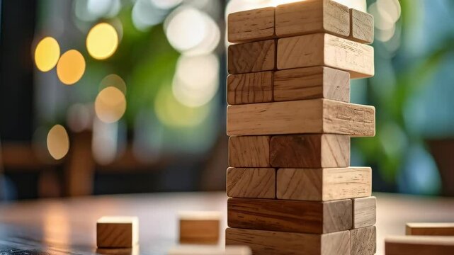 Wooden block tower construction on a dark table with bokeh lights background showing strategy, risk, and balance, educational and leisure activity