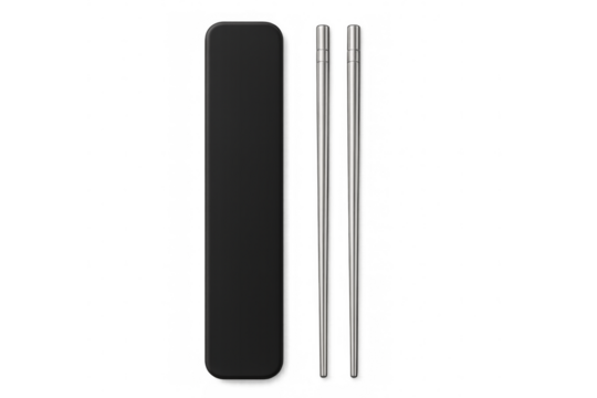 Metal chopsticks with black storage box on transparent background