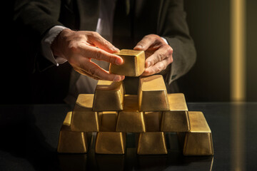 Hands of a banker or businessman, bank vault manager holding a gold bar, gold holdings concept. Savings and investments, business and finance