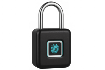 Modern padlock with fingerprint scanner ensuring security on transparent background