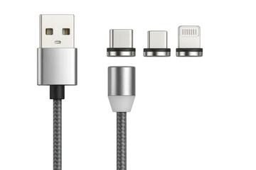 Magnetic usb cable with interchangeable tips on transparent background