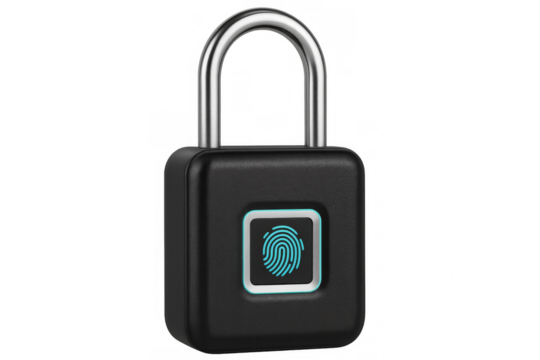 Modern padlock with fingerprint scanner ensuring security on transparent background