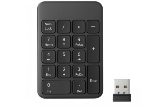 Wireless number pad with usb dongle on transparent background