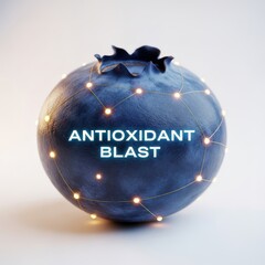 A single blueberry with glowing neon lights representing an antioxidant blast