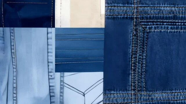 Textile art with blue denim and white fabric squares forming abstract patchwork design with seams and pockets visible.