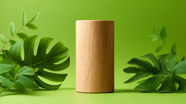 Wooden Cylinder on Green Background with Plant