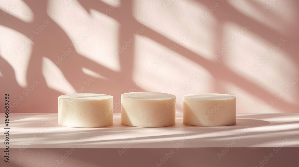 Poster three cylindrical objects on a pink surface, illuminated by sunlight creating shadows.