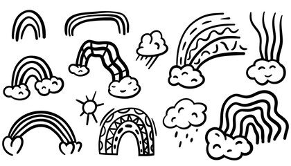 Radiant rainbow doodle set. Cute hand drawn vector illustration of colorful sketch rainbows. Fun decorative elements for kids, pride, nursery, or playful design themes.