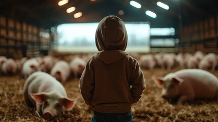A young boy stands in a barn filled with pigs, connecting with nature and animals. The scene evokes a sense of childhood innocence and rural life in a warm, inviting setting.