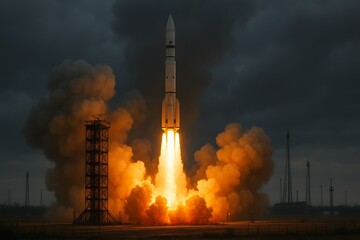 Spectacular Night Launch Rocket Ascending into the Starry Sky