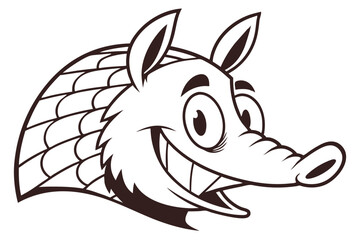 Cartoon armadillo head smiles broadly, showcasing playful character and simple monochrome illustration easily edited