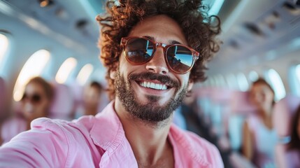 A cheerful man captures a selfie on an airplane, radiating joy and excitement, embodying the carefree spirit of travel and adventures in the skies.