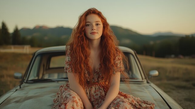 A girl with flowing red hair sits gracefully on a vintage car, set against a serene sunset backdrop, embodying freedom, youth, and the adventure of open roads. - Powered by Adobe
