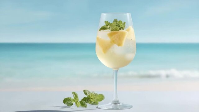 refreshing cocktail named sunny island with pineapple and mint elegantly placed on smooth background by sea