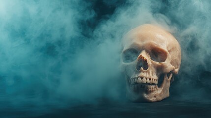 This captivating image features a human skull shrouded in an enigmatic blue fog, evoking feelings of mystery and the unknown in a haunting yet artistic manner.