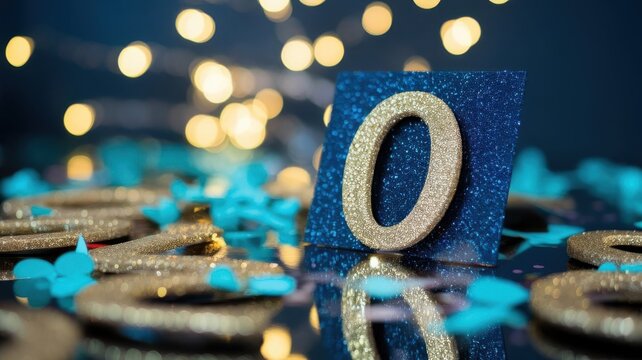 Sparkling celebration: Golden zeros amidst bokeh lights and teal confetti