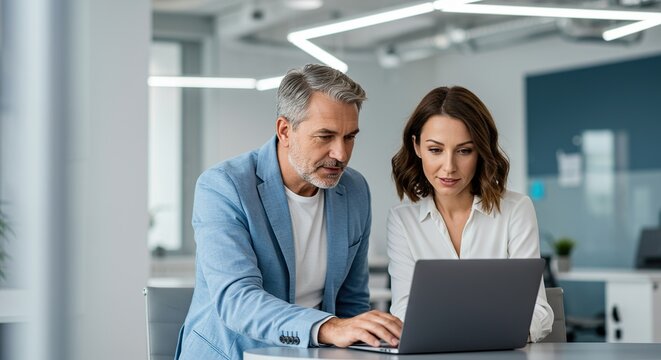 Business colleagues collaborating on laptop in modern office