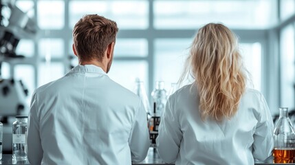 Two scientists in lab coats engage in collaboration at a modern laboratory bench, showcasing teamwork and innovation in scientific research within a bright and inspiring environment.