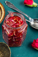 Rose jam in a jar.