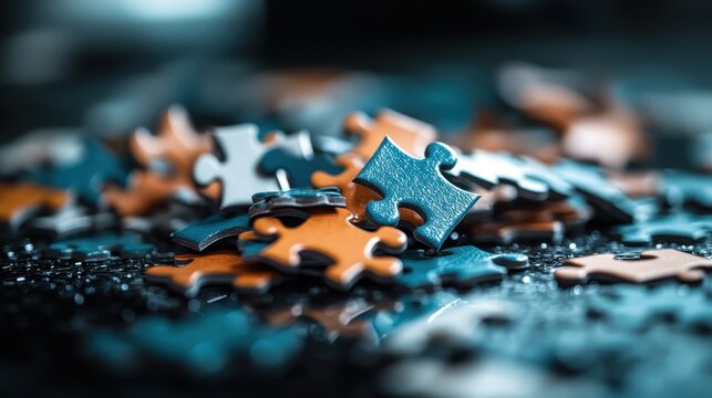 Scattered jigsaw puzzle pieces in blue and orange tones paint a captivating scene, symbolizing challenges, complexity, and the joy of completing intricate tasks.