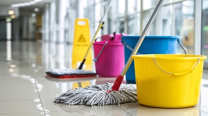 Neatly arranged cleaning supplies with mop and bucket, showcasing professional janitorial organization and efficiency.
