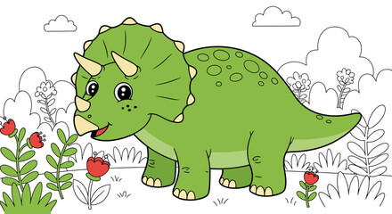 Easy Cute Dinosaur Cartoon Coloring Book Page For Kids