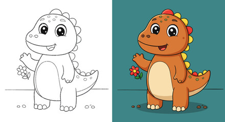 Obraz premium Easy Cute Dinosaur Cartoon Coloring Book Page For Kids