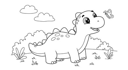 Easy Cute Dinosaur Cartoon Coloring Book Page For Kids