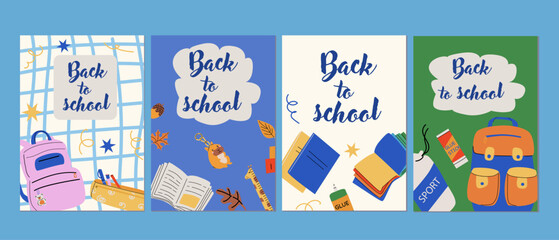Back to school posters set. Creative design with books and supplies for education sale promotion ads collection. Vector illustration.