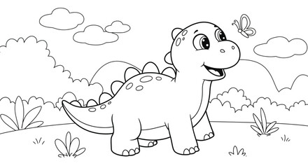 Easy Cute Dinosaur Cartoon Coloring Book Page For Kids