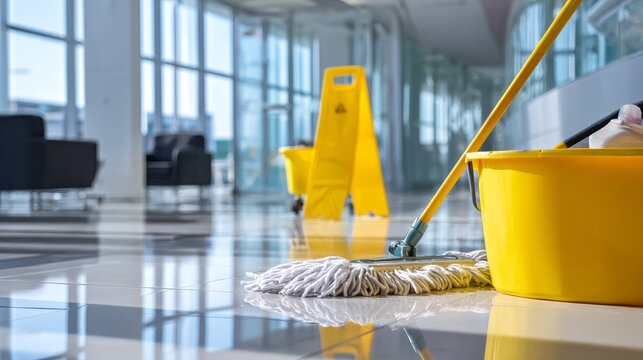 Neatly arranged cleaning supplies with mop and bucket, showcasing professional janitorial organization and efficiency.
