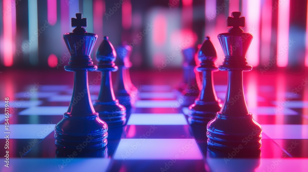 Poster close-up of chess pieces on a board with neon lighting.
