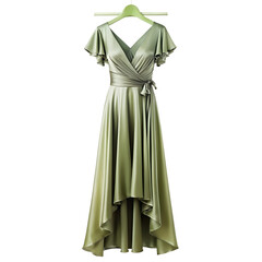 Sage green satin wrap dress isolated on transparent background