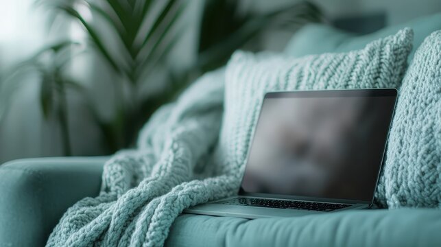 A sleek laptop rests gently on a soft couch adorned with a cozy knit blanket, creating an inviting workspace for creativity and relaxation in a calm indoor setting. - Powered by Adobe